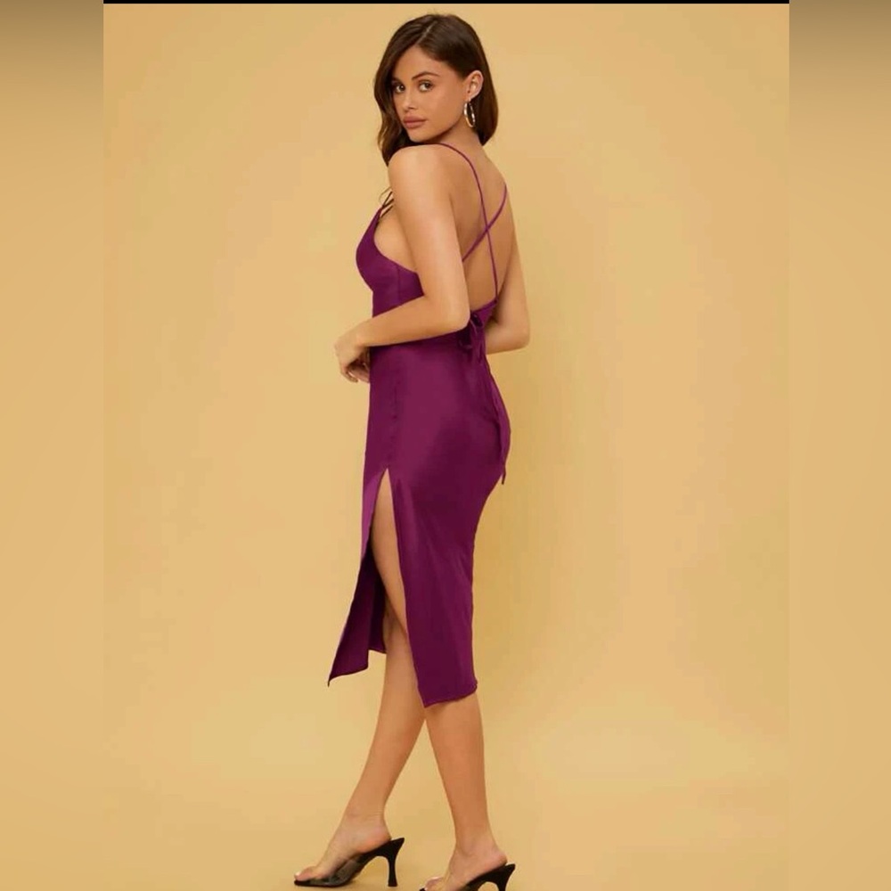 draped slit hem violet dress medium petite slip satin dress cris cross back